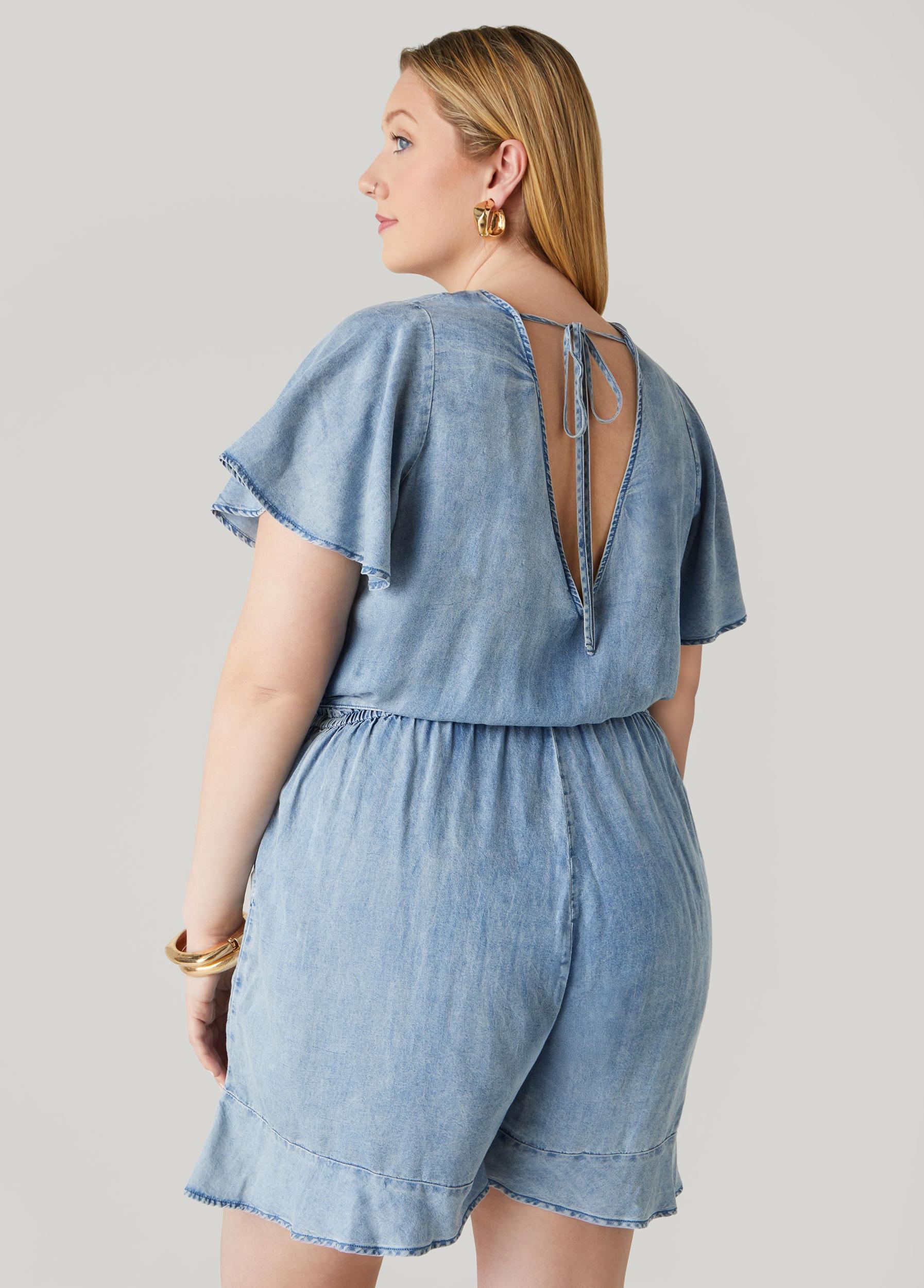 Plus Size Ruffle Trimmed Chambray Romper Ashley Stewart Product Image