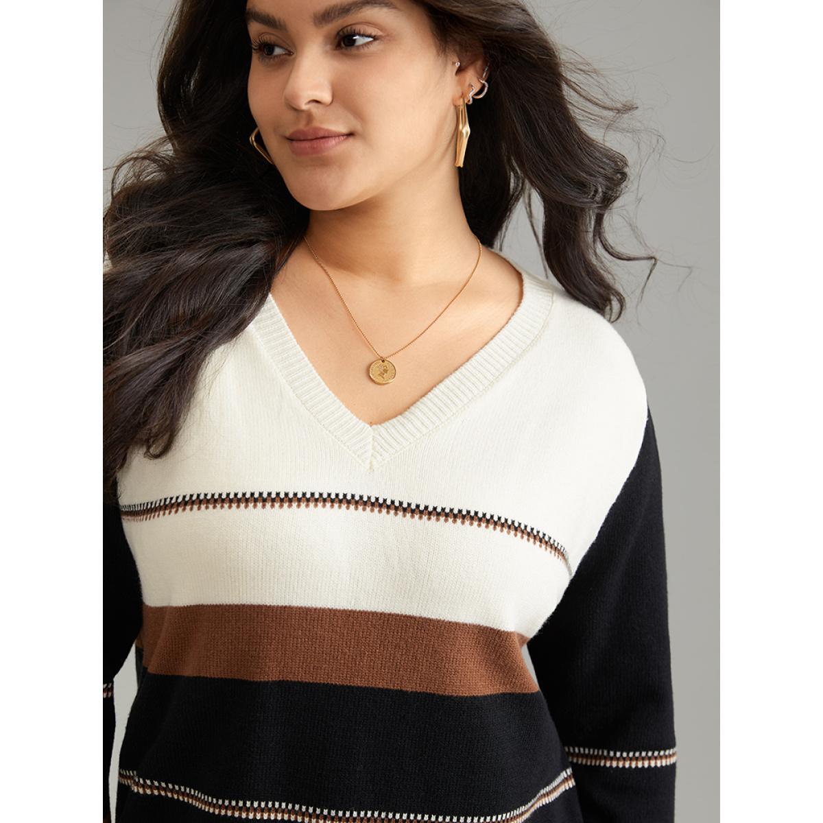 Plus Size Supersoft Essentials Colorblock Very Stretchy Pullover Multicolor Women Casual Loose Long Sleeve V-neck Dailywear Pullovers BloomChic 14-16/1X Product Image