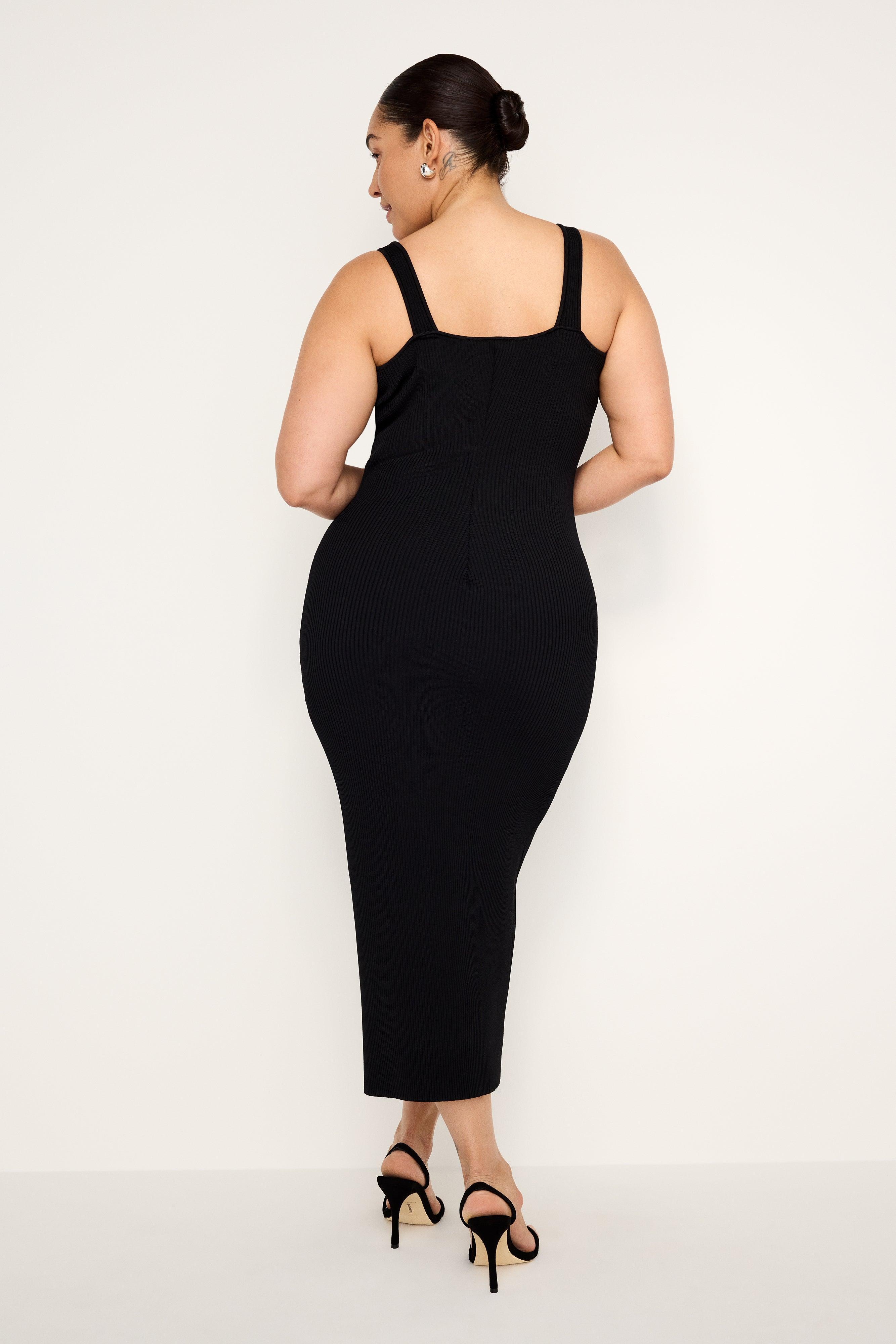 STRETCH RIB KNIT SLEEVELESS MIDI DRESS | BLACK001 Product Image