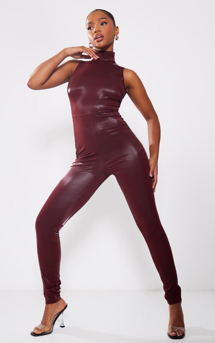 Burgundy Matte Vinyl High Neck Jumpsuit Product Image