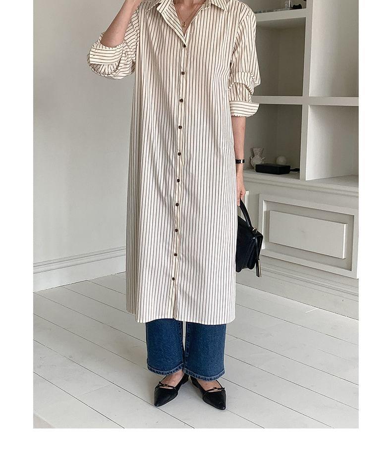 Set: Long-Sleeve Striped Midi Shirt Dress + Decorative Hem Product Image