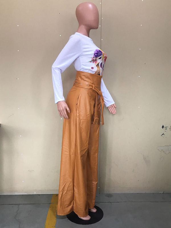 High Waisted Wide Leg Belted Solid Color Zipper Pants Trousers Product Image