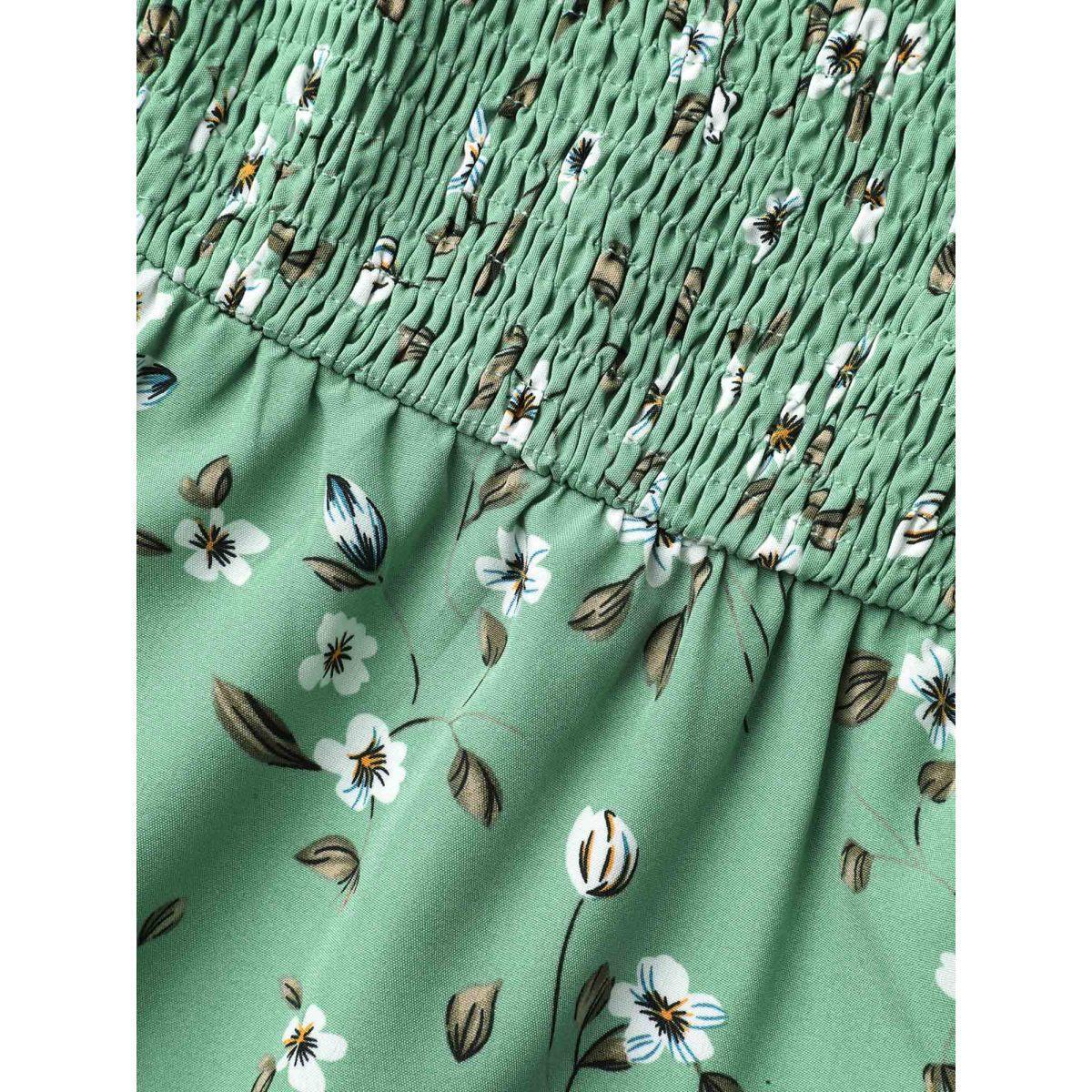 Plus Size Greenbean Floral Print Smocked Stretchy Waist Shirt Women Elegant Short sleeve Square Neck Everyday Blouses BloomChic 22-24/3X Product Image