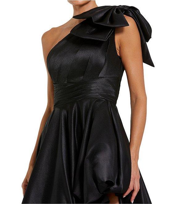 Mac Duggal Satin One Shoulder Neck Sleeveless Bow Detail High Slit Gown Product Image