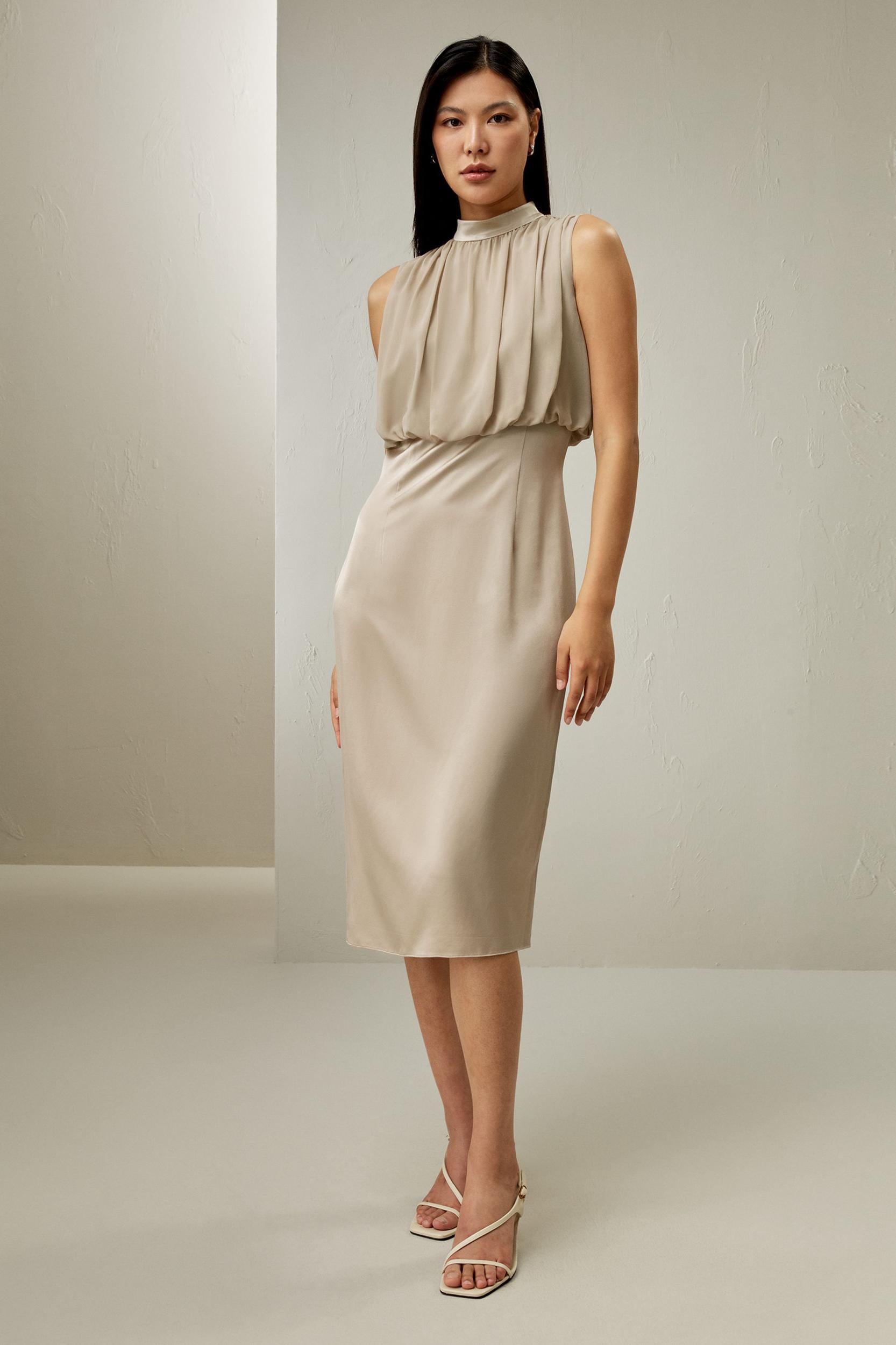 Pleated Sleeveless Midi Silk Dress Product Image