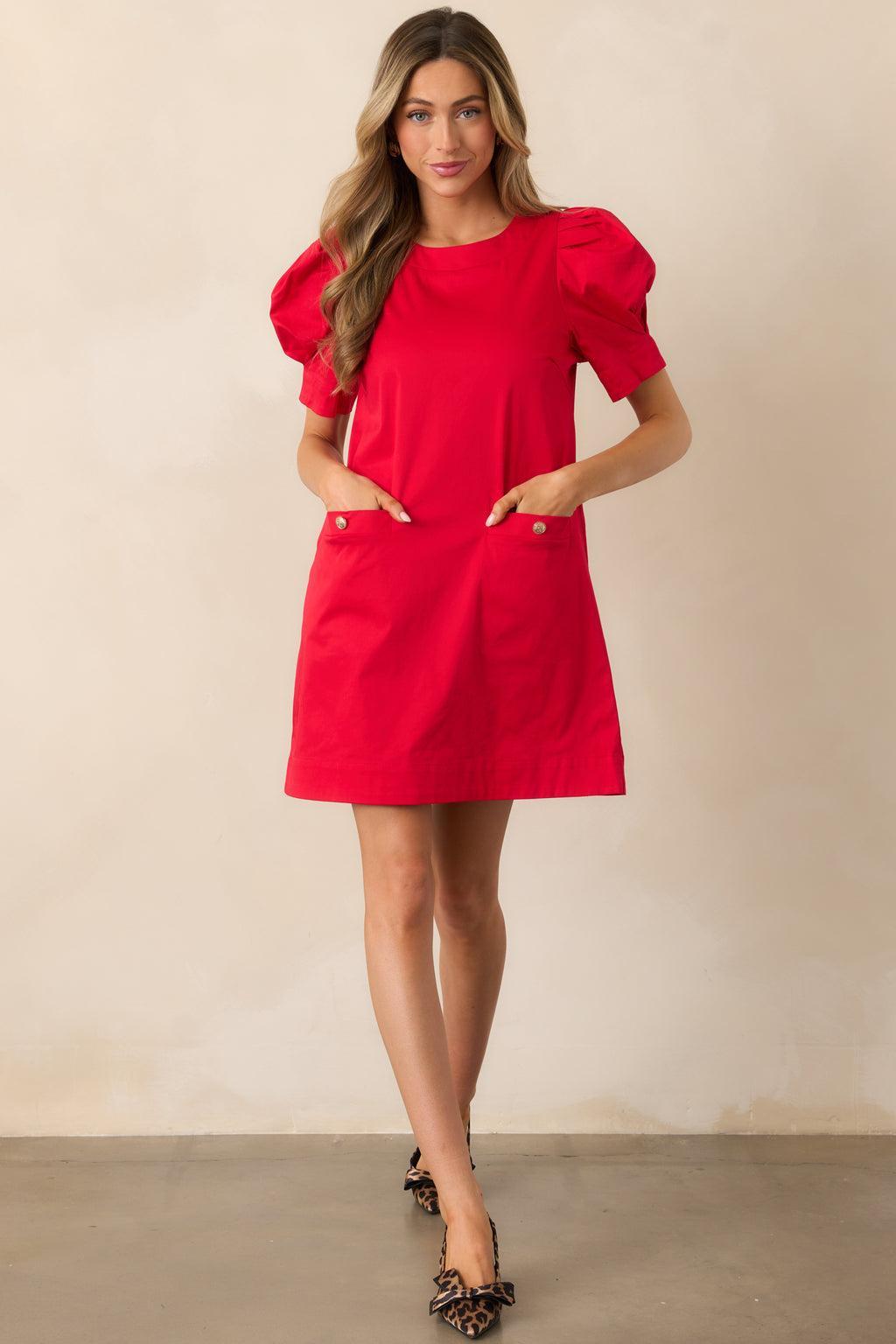 Wine Cellar Tour Cotton Red Puff Sleeve Mini Dress Product Image