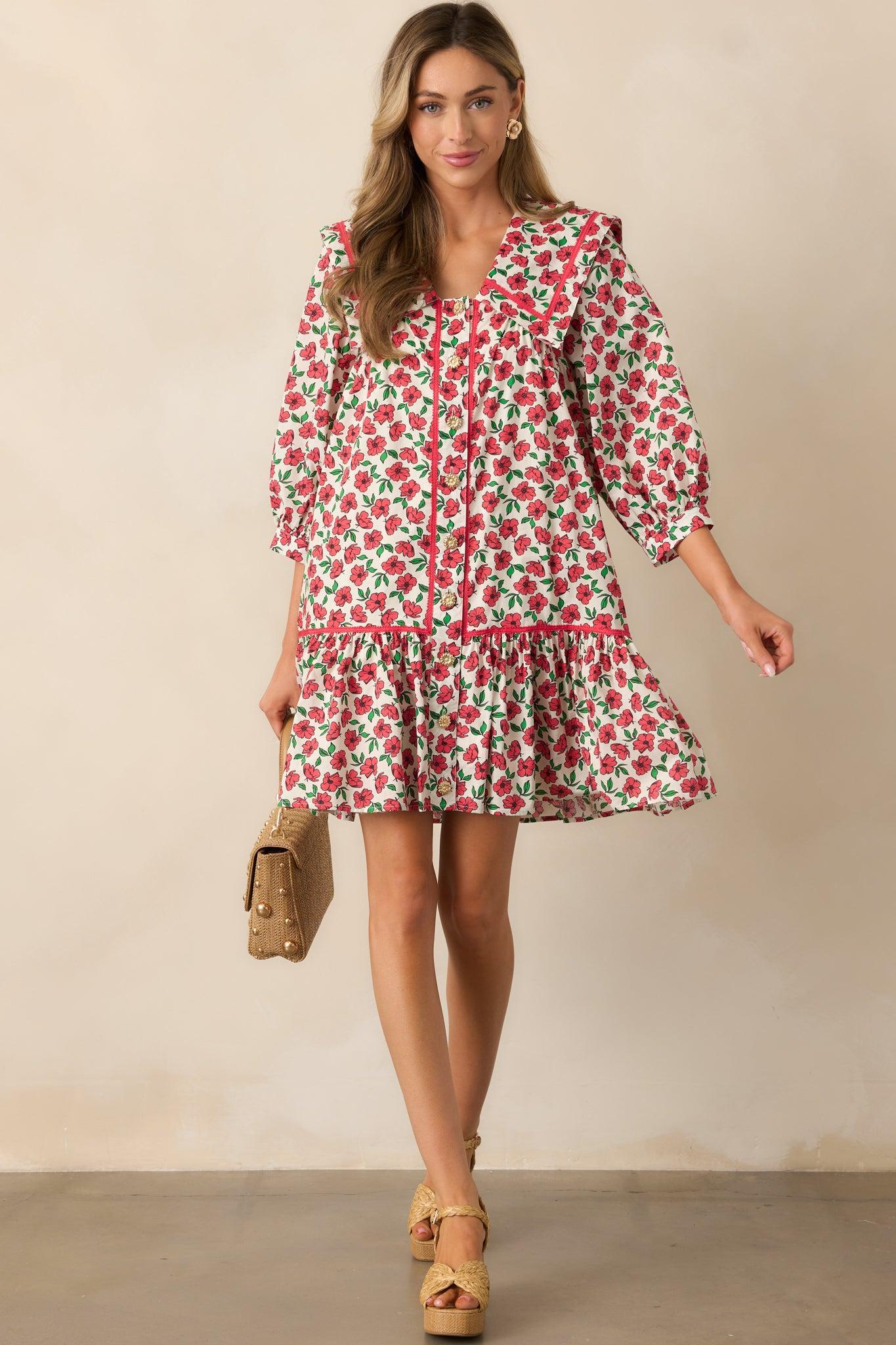 Butterfly Garden Red Cotton Button Front Mini Dress Product Image