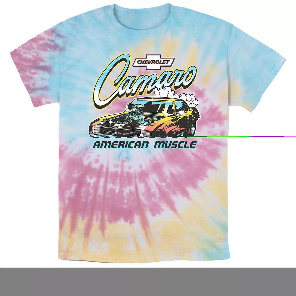 Men's Chevrolet Camaro American Muscle Poster Tie Dye Graphic Tee, Size: Small, Blue Pink Light Yellow Product Image