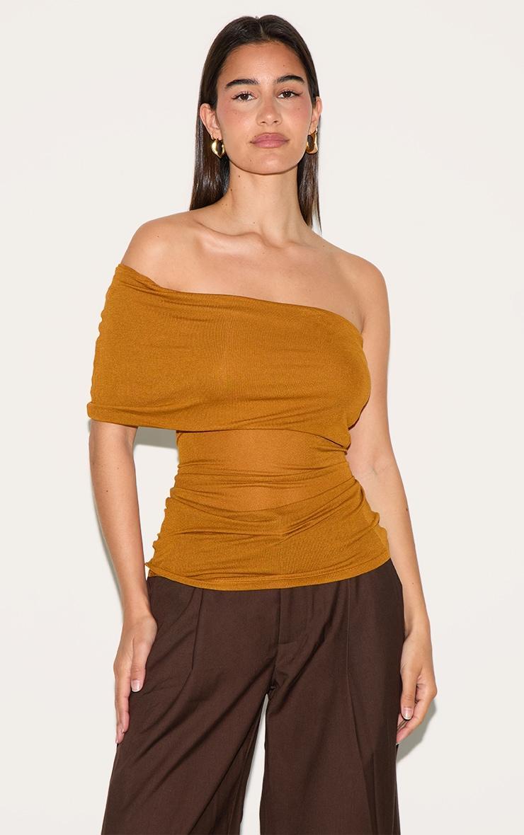 Tan Sheer Soft Touch Fold Over Detail One Shoulder Long Top Product Image