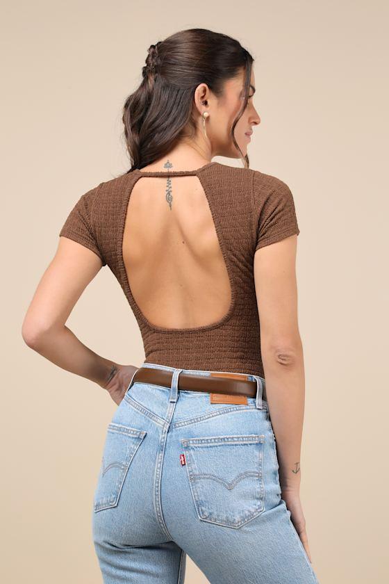 Decidedly Stylish Brown Textured Short Sleeve Backless Bodysuit Product Image