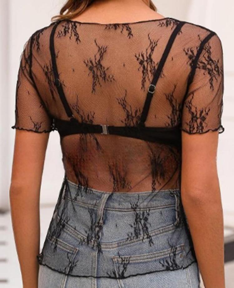 La Roseason® Ladies' S/S Floral Embroidered Sheer Mesh Top Product Image