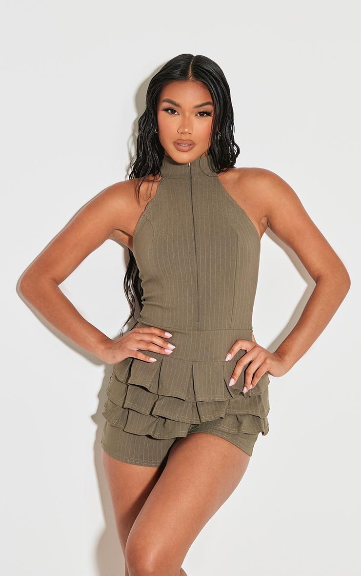  Khaki Stretch Woven High Neck Rara Skort Romper Product Image