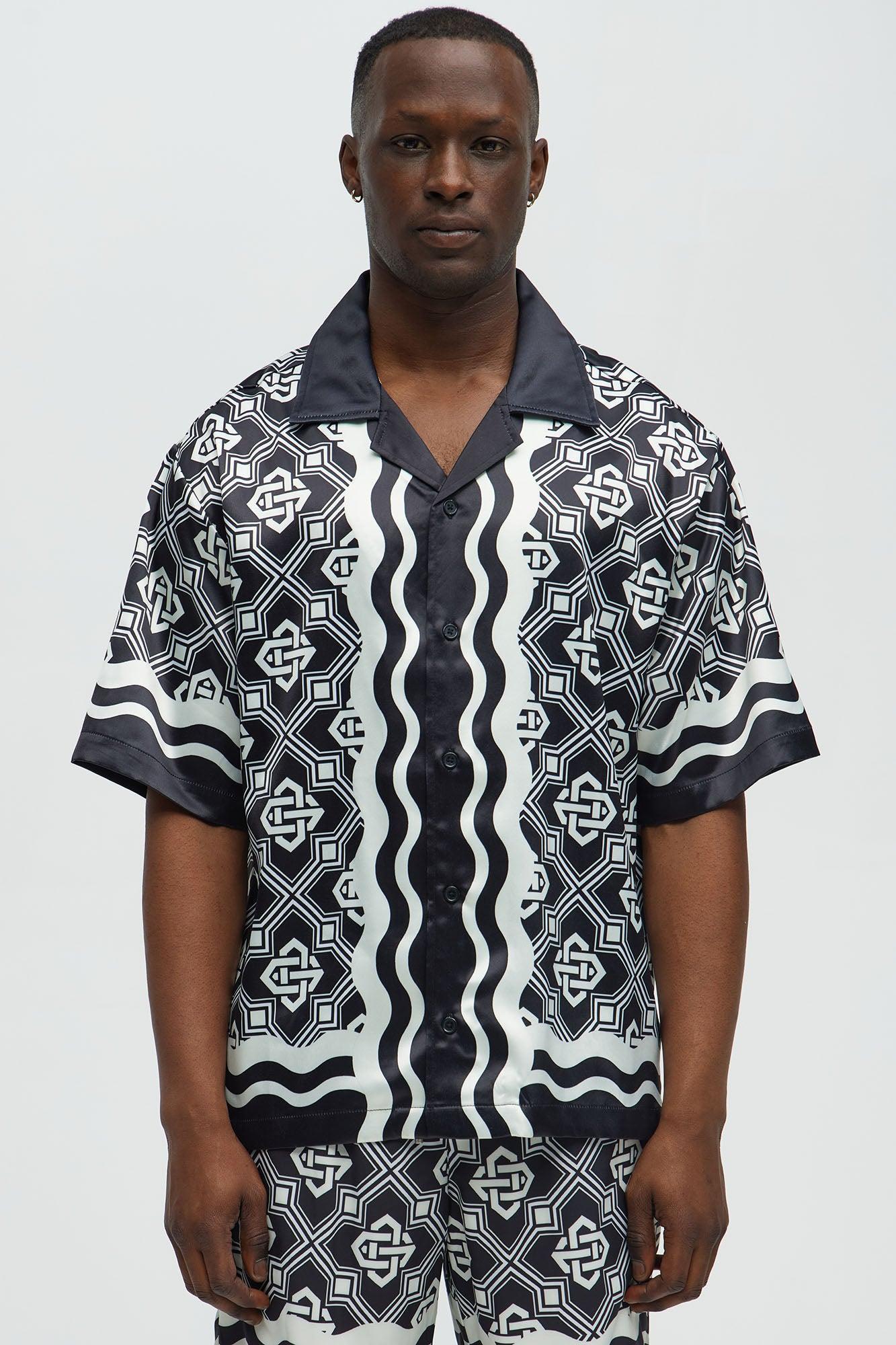 Geometric Wavy Border Cuban Collar Button Up Shirt - Black/combo Male Product Image