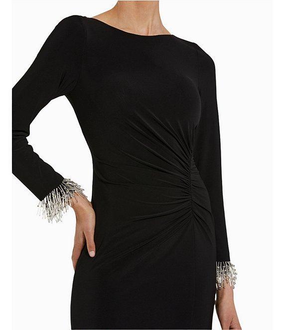 Mac Duggal Jersey Knit Boat Neck Beaded Cuff Sleeves Side Ruched Sheath Dress Product Image