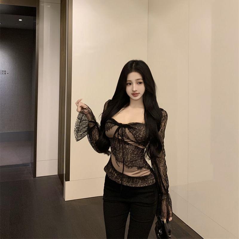 Long Sleeve Square Neck Lace Crop Top Product Image