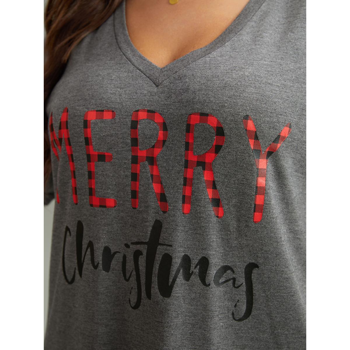 Plus Size Christmas Gingham Patchwork V Neck T-shirt DimGray Women Leisure Printed Christmas Casual T-shirts BloomChic 10/M Product Image