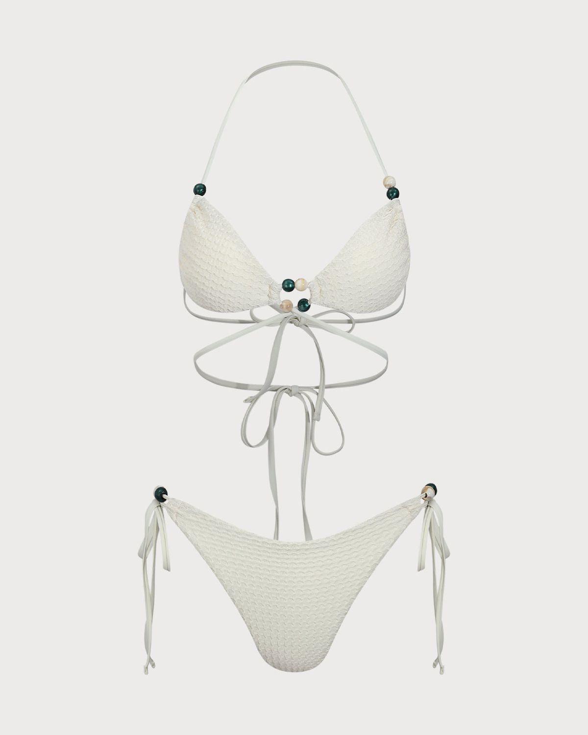 Beige Cut Out Beaded Bikini Set Product Image