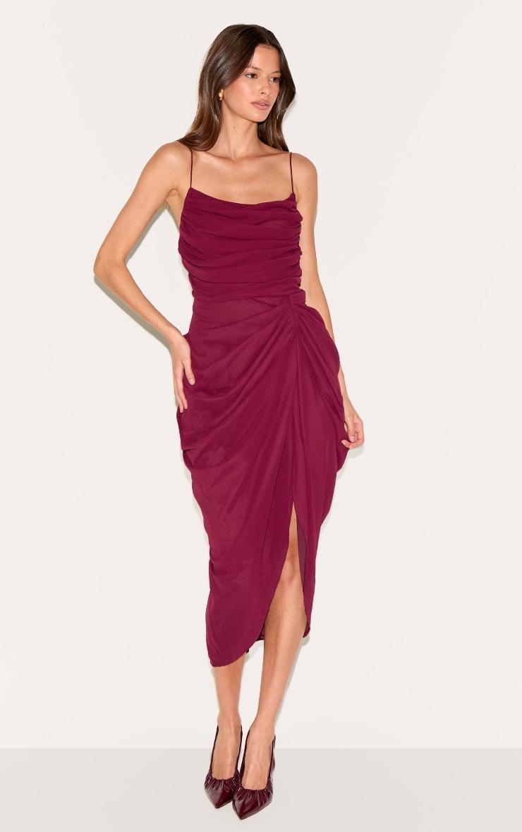 Wine Chiffon Ruched Drape Midi Dress Product Image