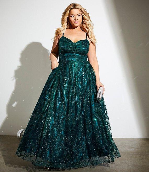 Blondie Nites Plus Size Glitter Pattern Sweetheart Neck Pinch Front Spaghetti Strap Tie Back Ballgown Product Image