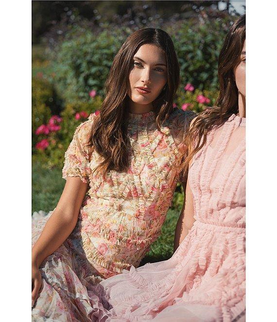 Mac Duggal Mesh Floral Print Mock Neck Short Sleeve Micro Ruffle A-Line Midi Dress Product Image