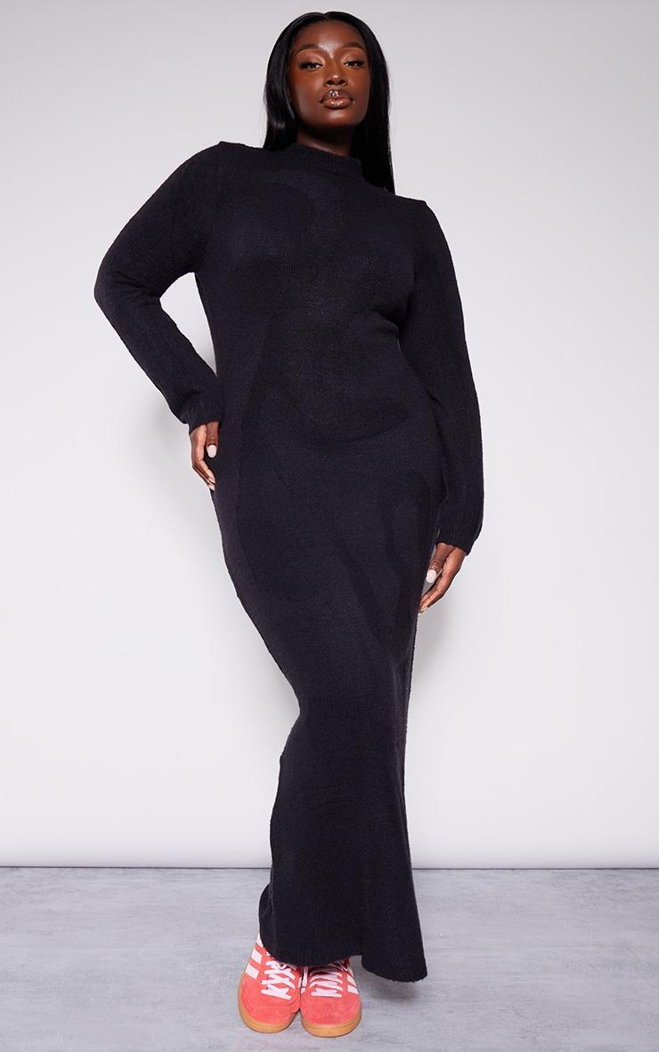 Plus Black Soft Knit Open Back Long Sleeve Maxi Dress Product Image