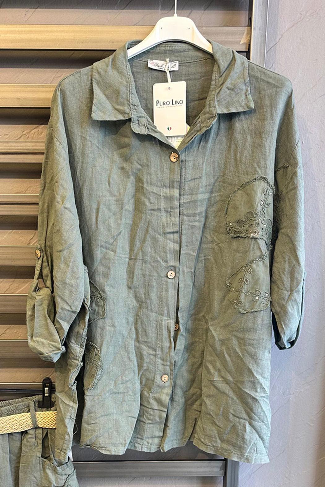 Sequin Flower Applique Linen Top Product Image