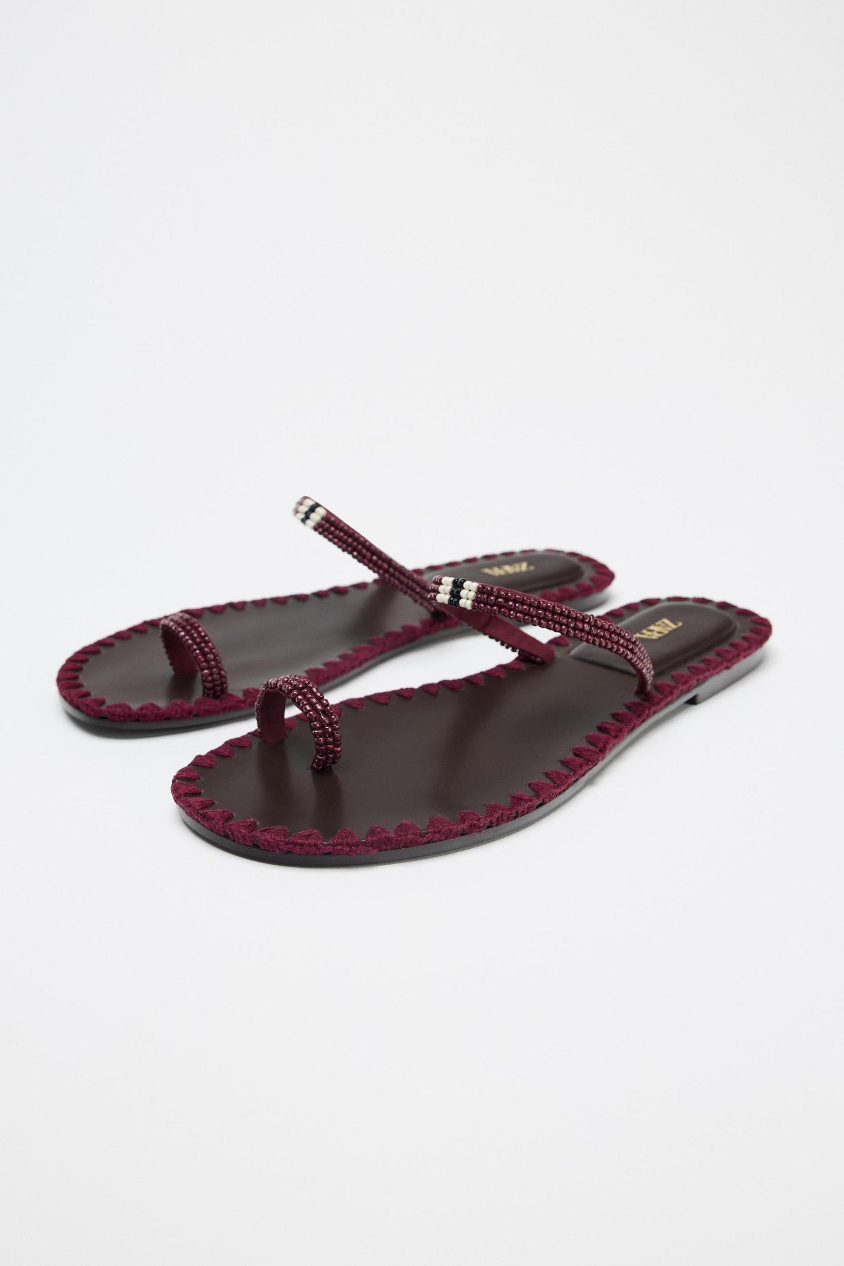 BEADED TOPSTITCHED SANDALS Product Image