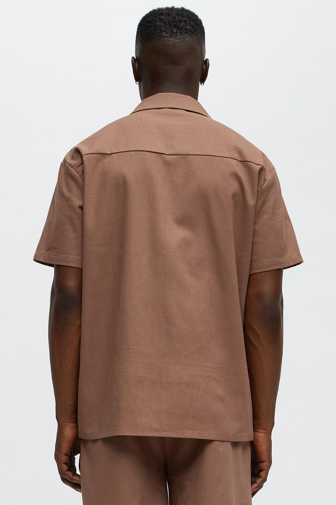 Chai Linen Like Cuban Collar Button Up Shirt - Brown Male Product Image