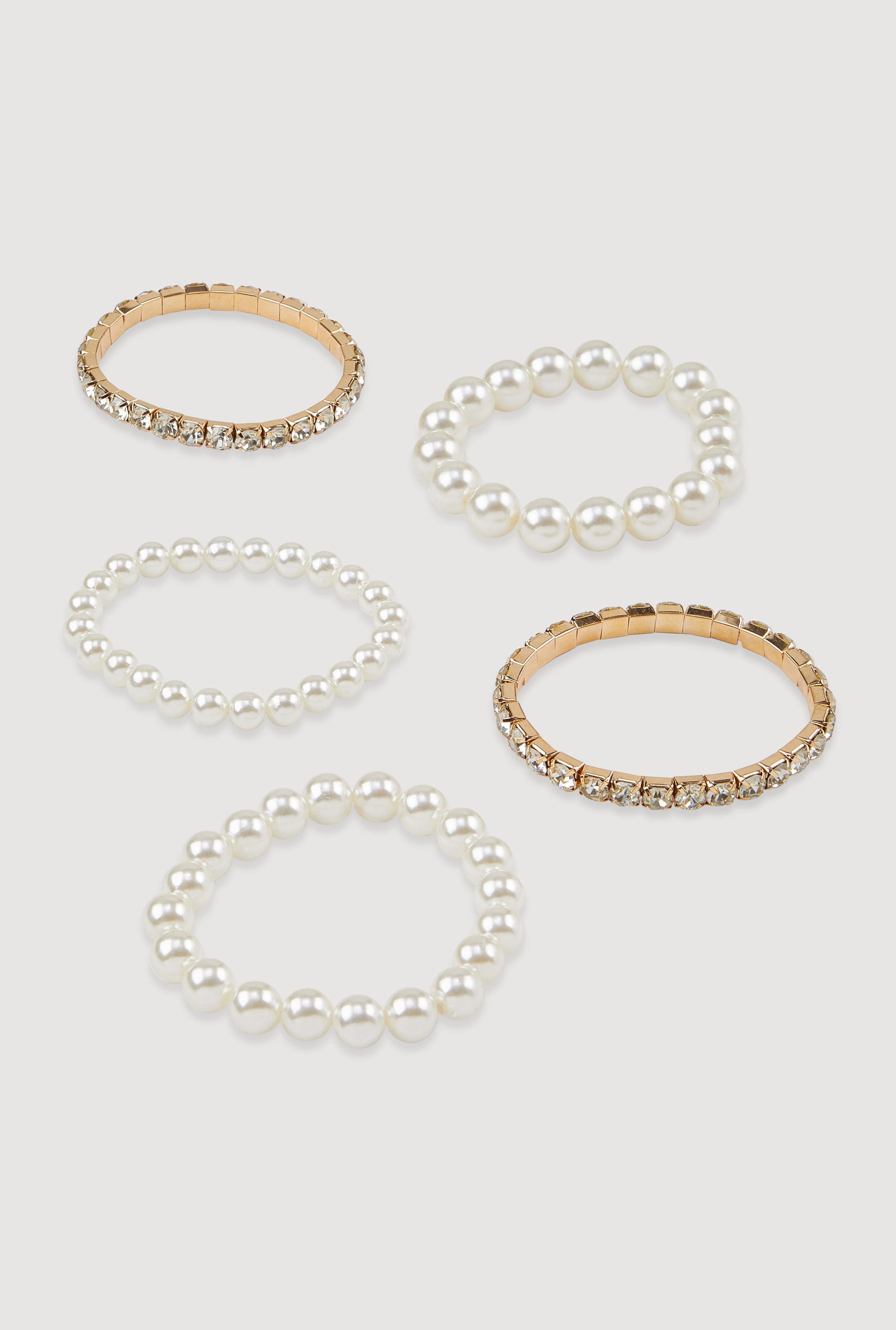 Faux Pearl Rhinestone Stretch Bracelets Set of 5 Female Product Image