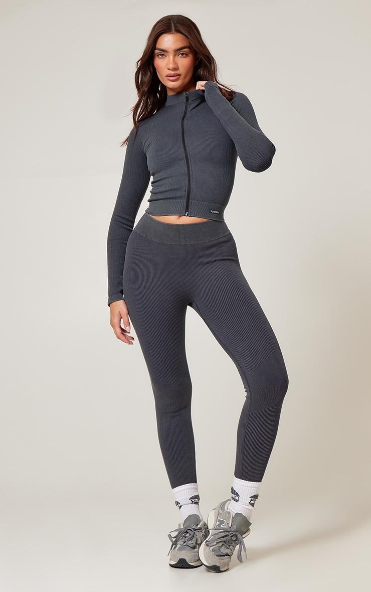 Charcoal Acid Wash Seamless Ribbed Zip Up Cropped Sports Jacket Product Image