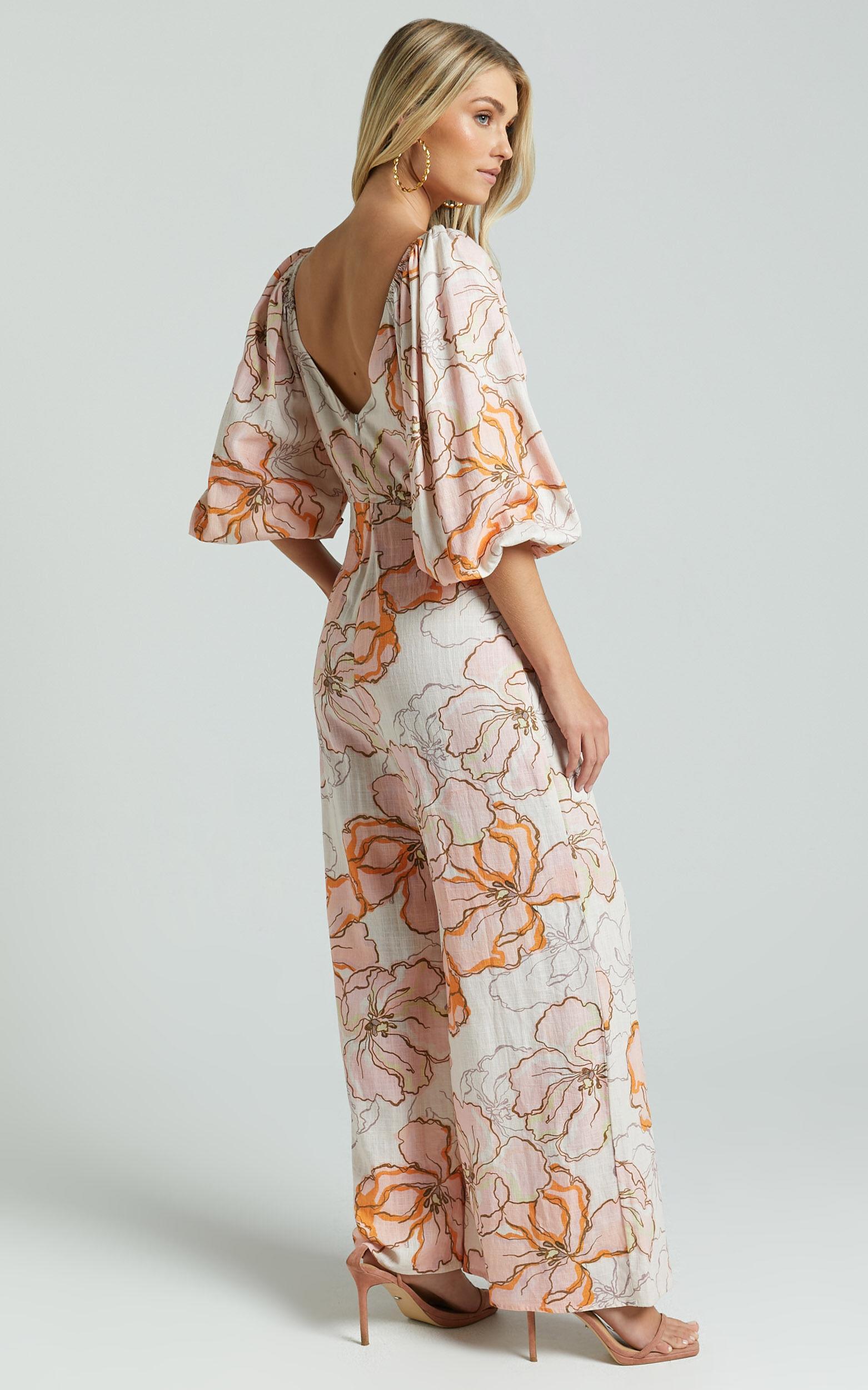 Amalie The Label - Berenice Linen Blend Puff Sleeve Wide Leg Jumpsuit in Maison Fleur Product Image