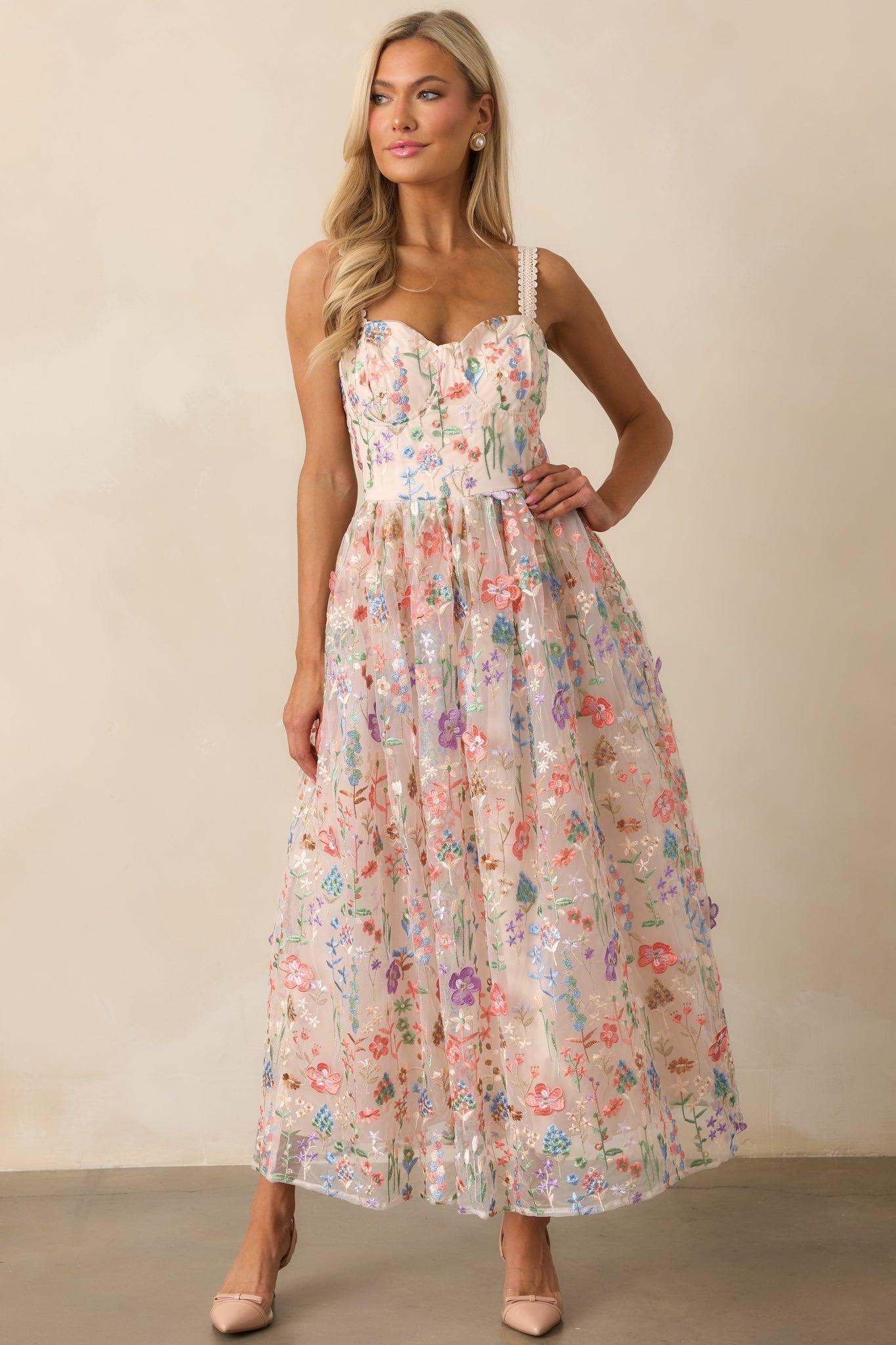 Social Season Rose Pink Floral Embroidered Maxi Dress Product Image