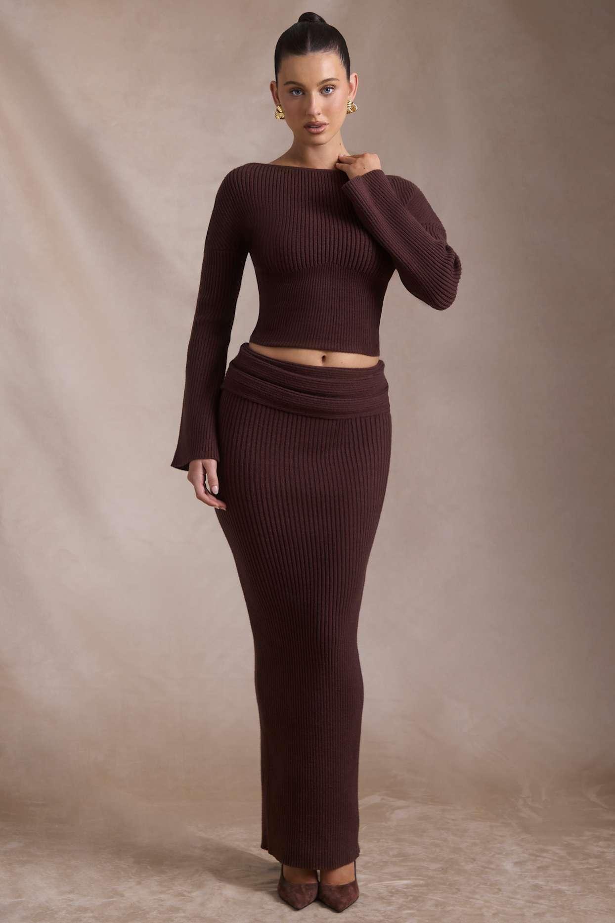 Ribbed-Knit Slash-Neck Top in Espresso Product Image