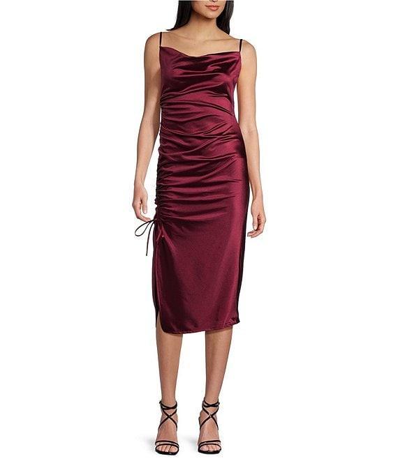 B. Darlin Satin Cowl Neck Drawstring Side Slit Midi Dress Product Image
