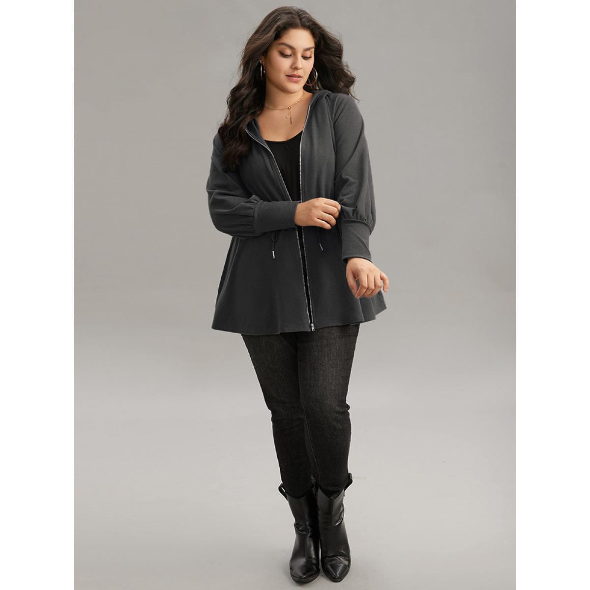 Plus Size Solid Drawstring Hooded Pocket Zipper Sweatshirt Women Gray Casual Plain Hooded Everyday Sweatshirts BloomChic 18-20/2X Product Image