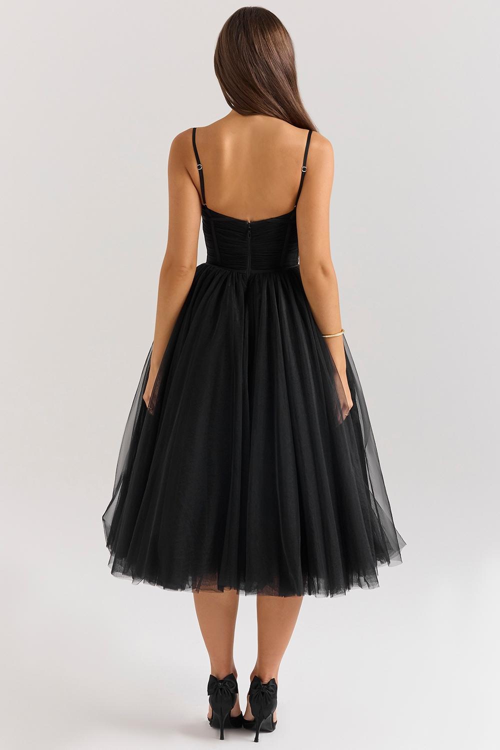 Countess Black Tulle Ruched Bodice Midi Dress Product Image