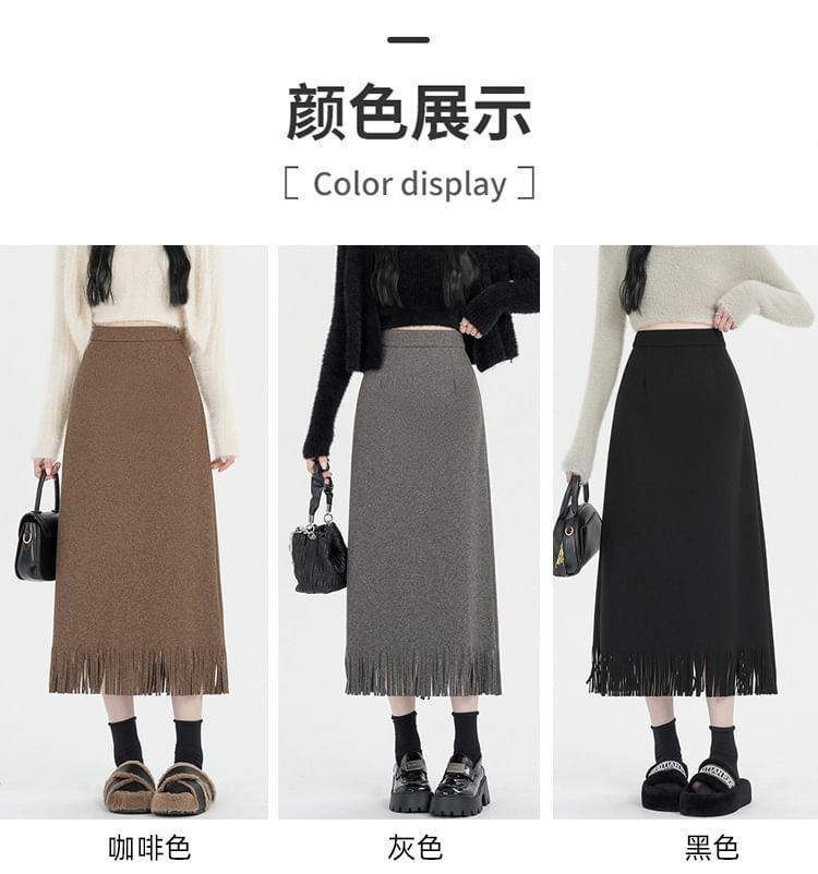 High Waist Fringed Plain Midi A-Line Skirt Product Image