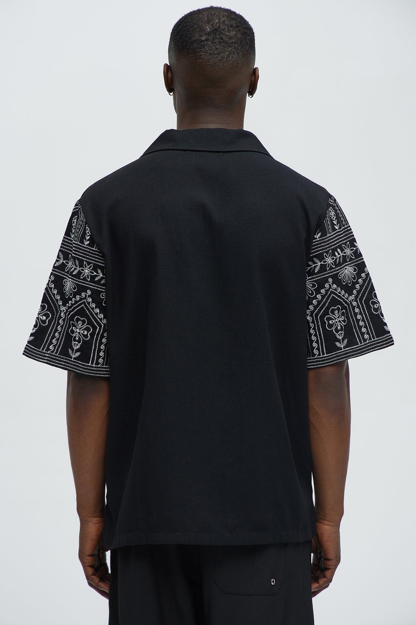Embroidered Floral Cuban Collar Button Up Shirt - Black/combo Male Product Image
