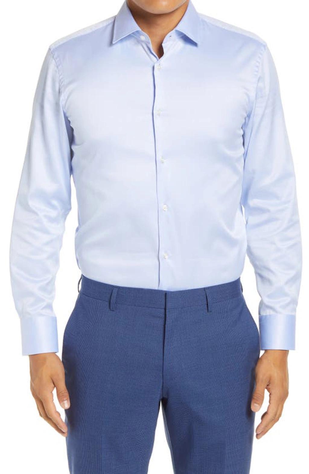 HUGO BOSS Regular-fit Shirt In Easy-iron Structured Cotton- Light Blue Men's Shirts Size 16 Product Image