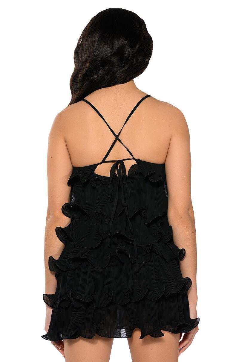 SWEETIE PLEATED RUFFLE SLEEVELESS MINI DRESS IN BLACK Product Image