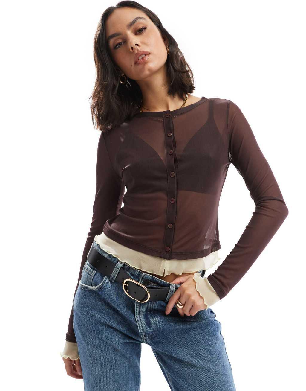 ASOS DESIGN mesh button through with contrast trim in brown Product Image