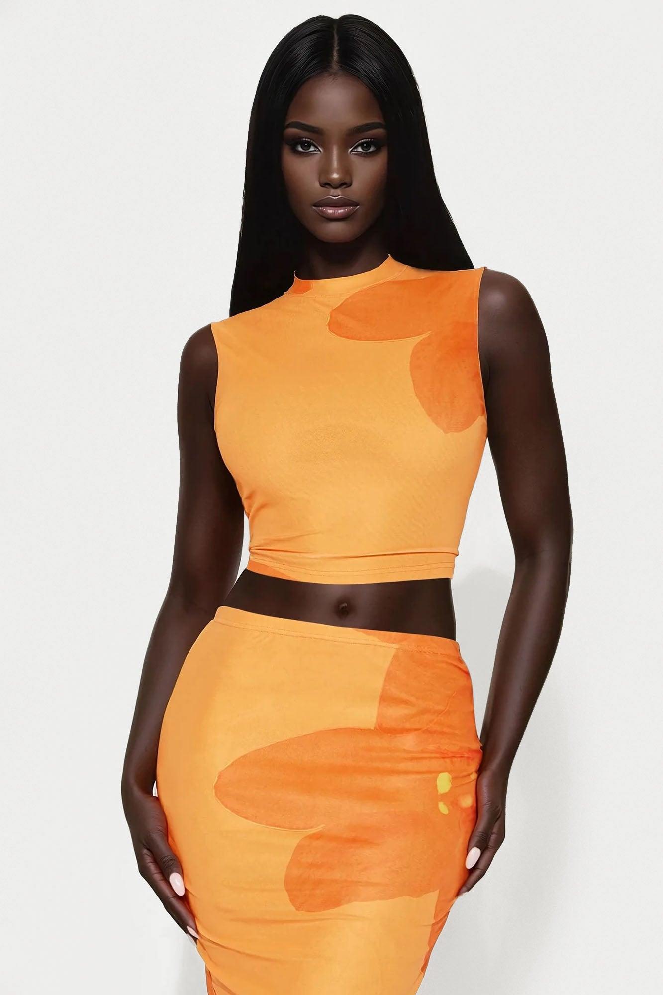 Orchid Vibes Mesh Tank Top and Skirt Set - Orange/combo Female Product Image