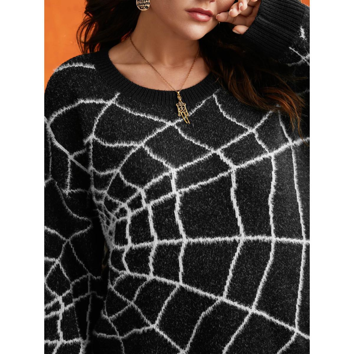 Plus Size Textured Spider Web Crew Neck Pullover Black Women Casual Long Sleeve Round Neck Everyday Pullovers BloomChic 26/4X Product Image