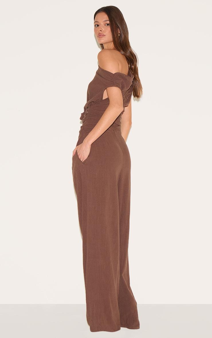 Chocolate Twist Sleeve Linen Ruched One Sleeve Jumpsuit Product Image
