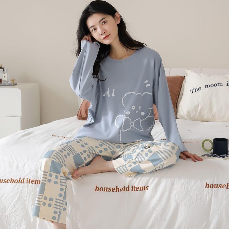 Loungewear Set : Long-Sleeve Bear Print Padded T-Shirt + Pants Product Image