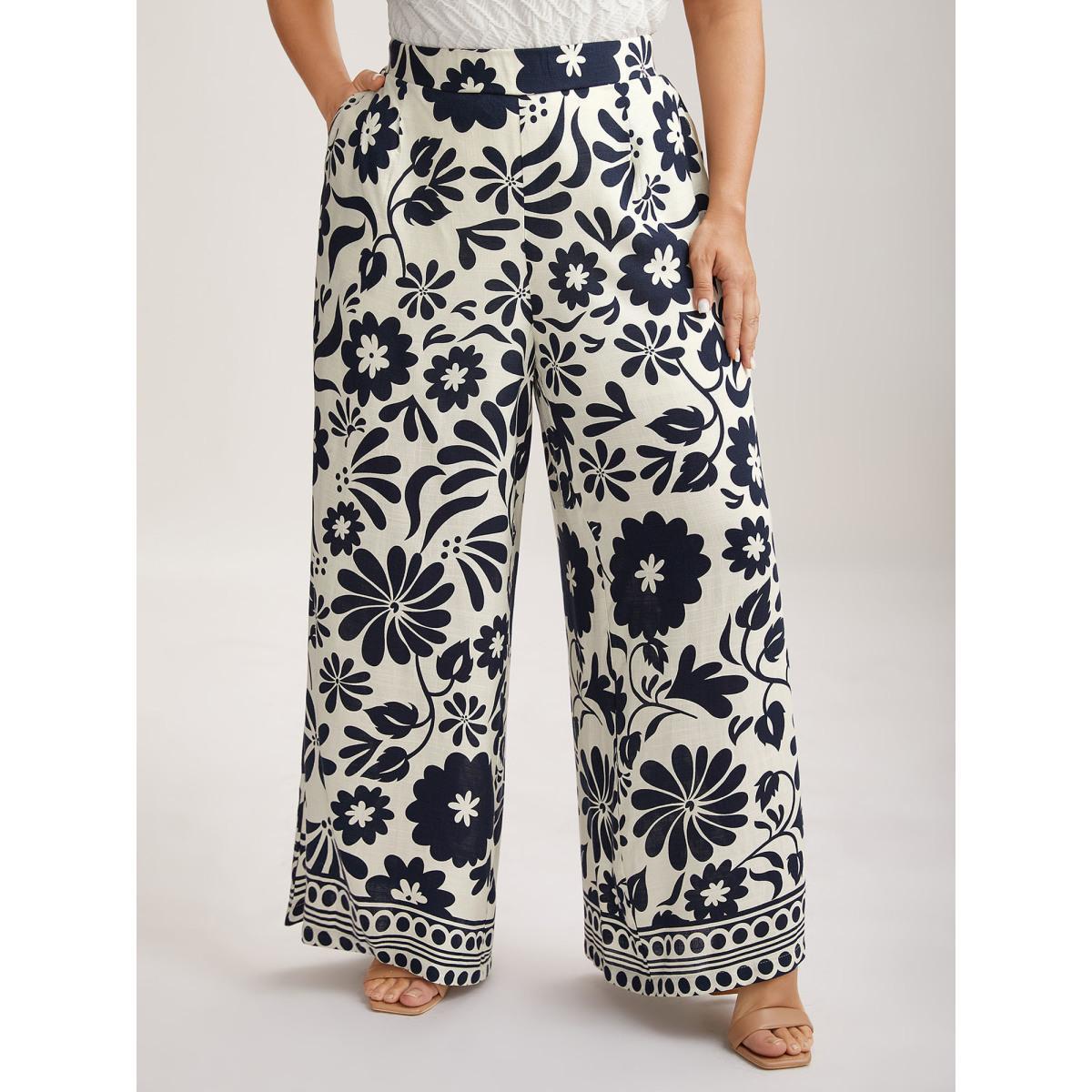 Plus Size Floral Print Wide-Leg Pants Women Indigo Timeless Wide Leg Mid Rise Elegant Pants BloomChic 28/5X Product Image