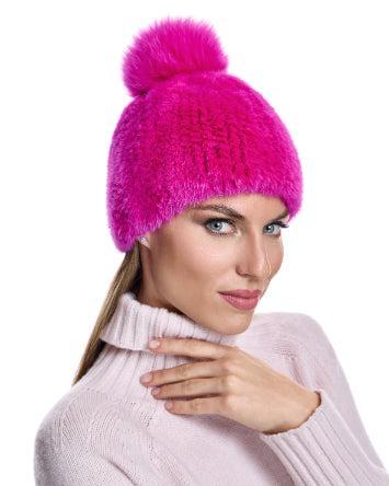Knitted Mink Hat with Fox Pom Pom Product Image