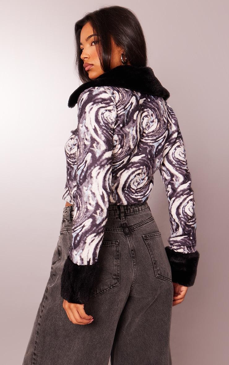  Monochrome Swirl Print Faux Fur Zip Up Knit Cardigan Product Image