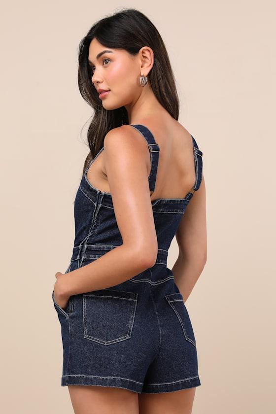 Thema Dark Wash Denim Button-Front Romper Product Image