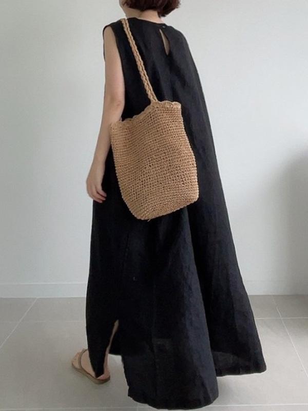 Casual Simple Solid Color Split-Side Round-Neck Sleeveless Midi Dress Product Image